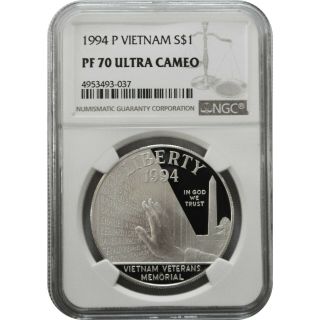 1994 - P Vietnam Veterans Memorial Commemorative Proof Silver Dollar Coin Ngc Pf70
