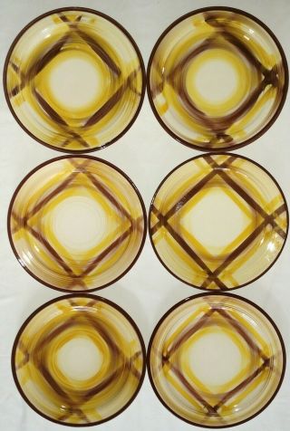 6 Vernonware Organdie 9 - 3/4” Dinner Plates Yellow/brown Plaid Vernon Kilns Ca