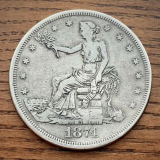 Vf 1874 Cc Silver Trade Dollar Key Date Carson City - No Chopmarks Cleaned