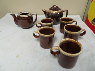 Vintage Mccoy Drip Glaze Tea Coffee Pot Earthenware 7088,  5 Coffee Cups 1412