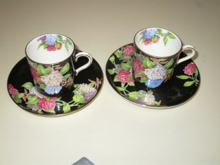 2 Ansley Bone China Black With Hydrangea Expresso Demitasse Cup & Saucers