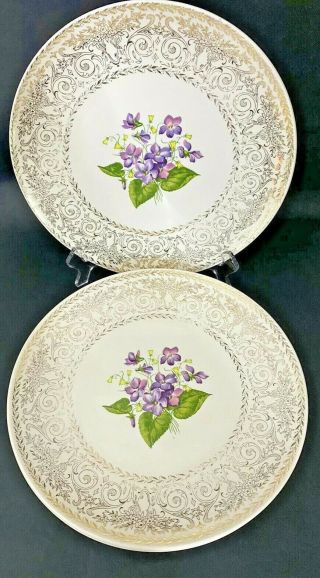 4 Cunningham & Pickett Spring Violet China Dinner Plates 10 " 22 Kt Gold Trim E76