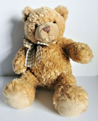Gund Plush Light Gold - Brown Shaggy Fur Teddy Bear With Plaid Bow 16 " 45455