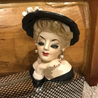Lady Head Vase Planter,  Inarco E - 19 1961 Vintage Collectible Hat Hand Pearl