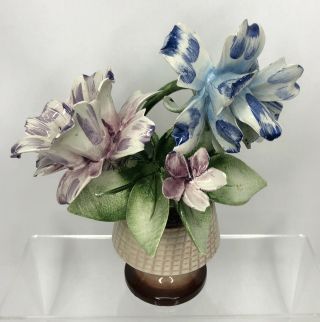 Vintage Bone China Floral Bouquet In Vase Purple Blue Iris Flowers England 8 "