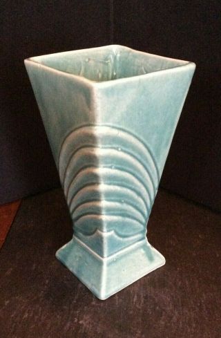 Mccoy Vase 1941 Art Deco 9 " Green Turquoise Aqua Made In Usa (b)