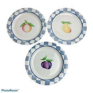 Vintage Pfaltzgraff Hopscotch Dinner Plates Set Of 3 Fruit Blue Band 10 1/2 "