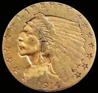 1914 Gold United States $2.  5 Dollar Indian Head Quarter Eagle Coin Better Date
