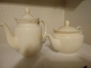 1 Go Dinger.  Cream Lace Lg.  9in.  Fine Porcelain Teapot,  An 1 Coffee Pot.