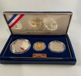 1993 - Bill Of Rights - 3 Coin Proof Set - 1/4 Ounce Gold Coin/silver - Box/coa