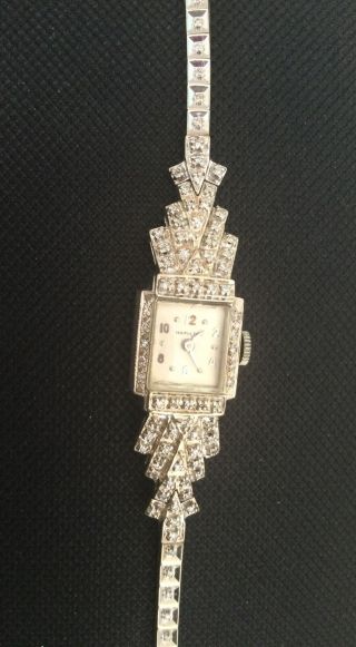 Ladies 14k White Gold And Diamond Hamilton Dress Watch,  Art Deco Style,  Runs 17j