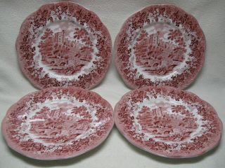 J & G Meakin Romantic England Red (4) 10 " Dinner Plates Euc