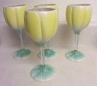 Yellow Newman Ceramic 7 " Wine Glass Tulip Shape Stem Signed Htf Euc