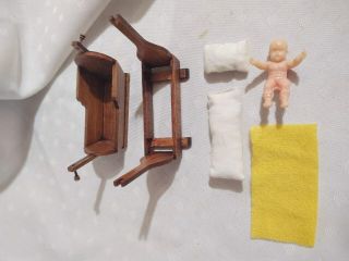 Doll Miniature Furniture VTG Wood Rocking Baby Cradle 1:12 1/12 Scale 1 