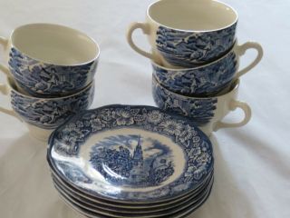 Staffordshire England Liberty Blue Old North Church 5 Cups 6 Saucers