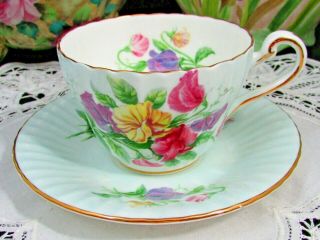Paragon Light Blue Ribbed Pink Purple Sweet Pea Tea Cup And Saucer