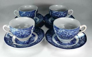 4 Staffordshire China Liberty Blue Cup & Saucer Old North Church Paul Revere Set