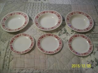 Homer Laughlin Scroll Red Floral Pattern 3 Soup Bowls 3 Desert Plates C - D 46 N 6