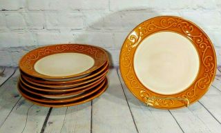 8 Better Homes And Garden Embossed Scroll Brown Rim Stoneware Side Plates 8 1/2 "