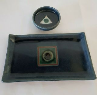 Modernist Geometric Design Art Pottery Stoneware Sushi Tray And Dip Bowl Signed