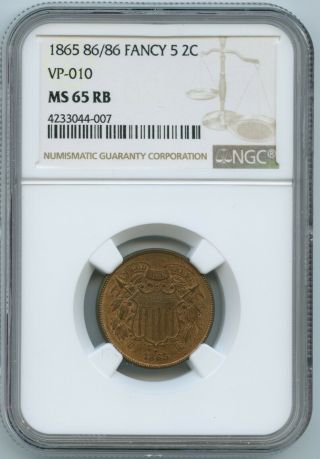 1865 86/86 (fancy 5) 2 Cent Piece Ngc Ms 65 Rb