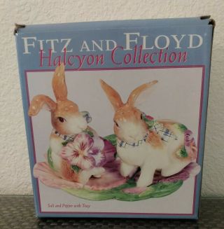 Fitz And Floyd Halcyon Bunny Salt & Pepper With Tray 2003