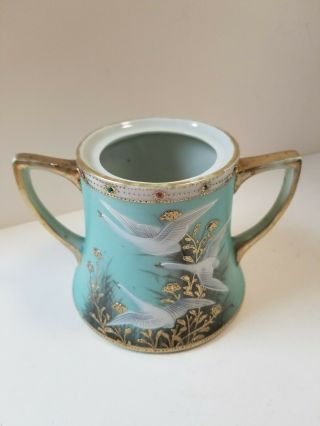 Nippon Japan Teal Gold Jeweled Hand Painted Flying Swan Geese Sugar Bowl No Lid