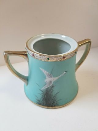 NIPPON Japan Teal Gold Jeweled Hand Painted Flying Swan Geese Sugar Bowl NO LID 2