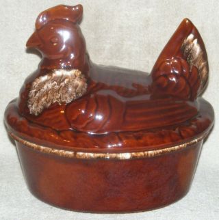 Vintage Hull Pottery Brown Drip Hen On Nest Casserole Dish Baker