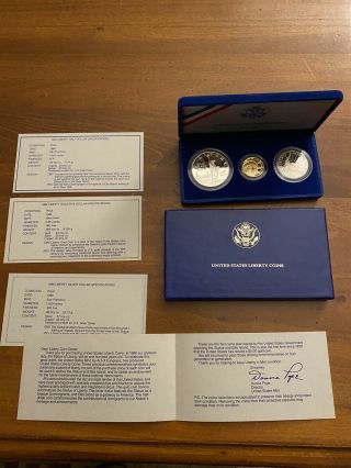 1986 U.  S.  Liberty Proof 3 Coin Set,  50 Cent Silver,  $1 Silver & $5 Gold