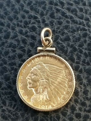 1914 D $2.  5 Indian Head Gold Coin With Bezel 2 1/2 Dollar,  Great Christmas Gift