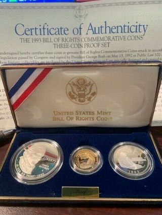 1993 Bill Of Rights 3 - Coin Proof Set (gold And Silver) Case Has Damage See Photo