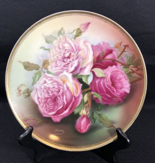 Thomas Sevres Bavaria Bourbon Rose Hand Painted Porcelain 9” Plate Artist Signed