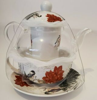 Grace Teaware 5 - Piece Glass Porcelain 10 Oz Teapot Teacup For One Amaryllis Bird