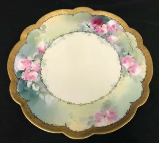 Vtg Limoges France Porcelain Hand Painted Floral Plate Scalloped Gilt Edge 12.  5 "
