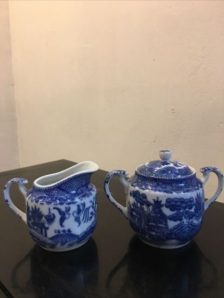 Blue Willow Sugar/creamer Made In Occupied Japan Signed