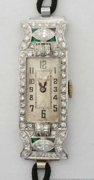 1.  2ctw Ultra White Diamond Natural Emerald Platinum Ladies Art Deco Watch