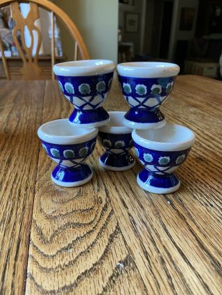 Boleslawiec Polish Pottery - 5 Egg Cups Blue Floral Designs Signed Euc 2”