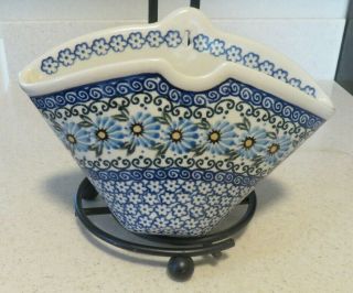 Polish Pottery Ceramika Artystyczna Boleslawiec Wall Pocket Hanging Blue Daisy