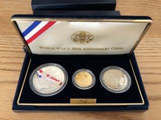 World War Ii 50th Ann.  3 Coin Unc Set,  W/ Gold And Silver,  Us W/coa