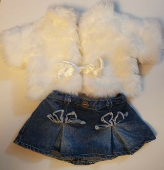 Build A Bear Fur Coat White Faux Fur W/tie Waist And Jean Skirt With Bows Babw