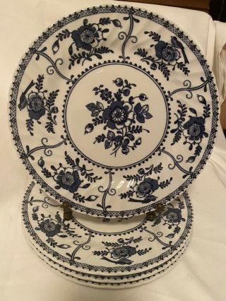 Set Of 4 Johnson Bros Indies Dinner Plates Floral Birds England Blue & White