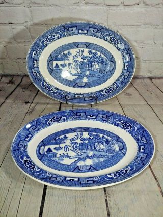 2 Vintage Homer Laughlin Blue Willow Oval Serving Platter 11 1/2 "