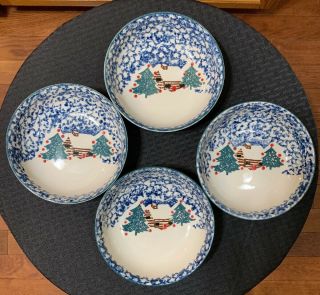 Set Of (4) Folk Craft Cabin In The Snow Cereal Bowls 6 1/2 " Christmas—tienshan.