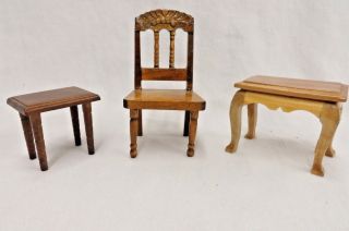 Dollhouse Living Room Furniture Wooden Straight Back Chair & 2 Occasional Tables