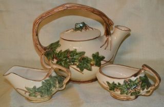 Mccoy Pottery 3 Pc.  Tea Set Ivy Pattern Tea Pot Creamer Sugar Bowl Ca.  1940s