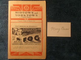 Mary Brian Autograph From 1932 With 1933 Movie Herald For Her Movie " Fog "