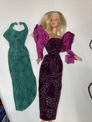 Holiday Barbie Doll Green Dress And Purple Barbie Ball Gown