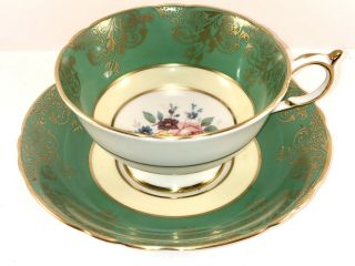 Paragon Fine Bone China Teacup And Saucer Green With Gold Gilding And Flowers