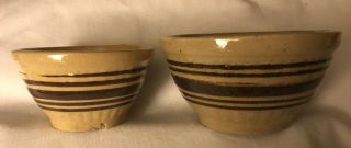 2 Antique Primitive Sm Yellow Ware Stoneware Mixing Bowls Brown Ring 5” & 4.  25”